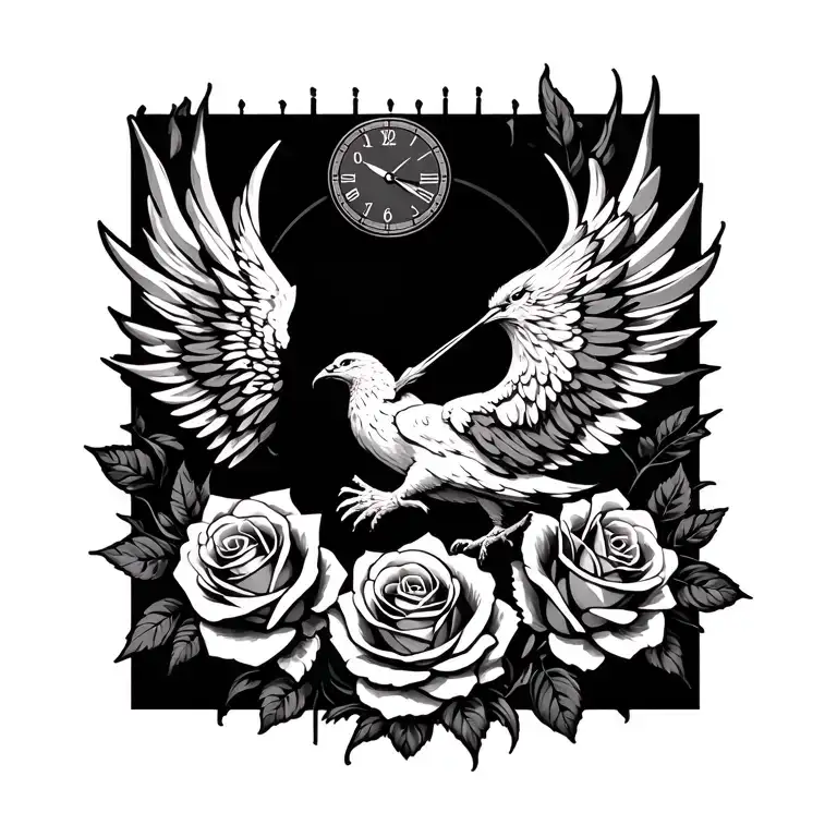 healing clock with roses as the outline phoenix rising as the hands for the clock tattoo design idea