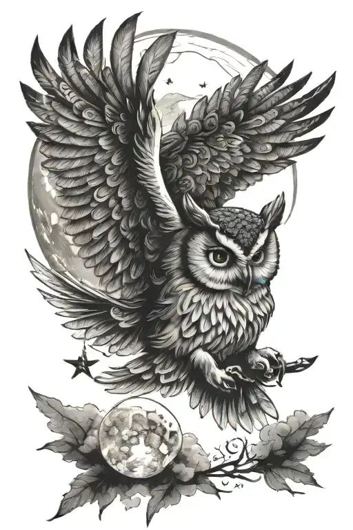 owl flying towards bright shining full moon merging together tattoo design idea