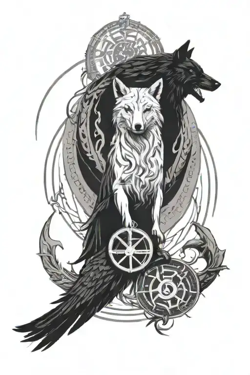 Blend elements of Sagittarius zodiac sign with Viking runes, and have a crow and wolf in a yin-yang formation symbolizing balance and harmony tattoo design idea