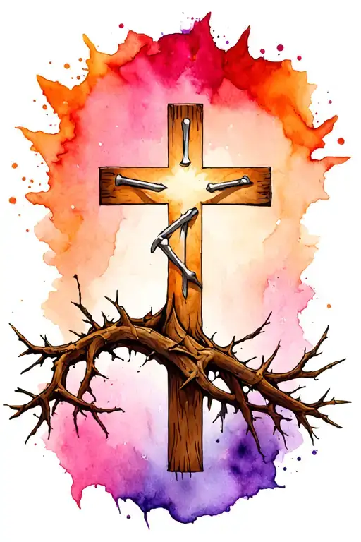  strength cross merging with tree of life add 3 nails  and crown of thorns near roots  tattoo design idea