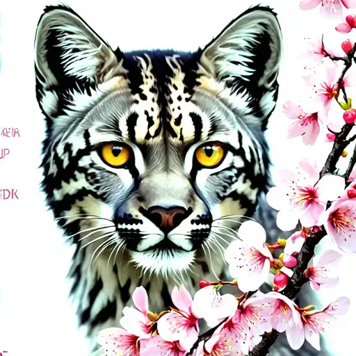 I want a realistic black and grey lynx and cherry blossom tree with colour in the flowers of the cherry blossom tattoo design idea