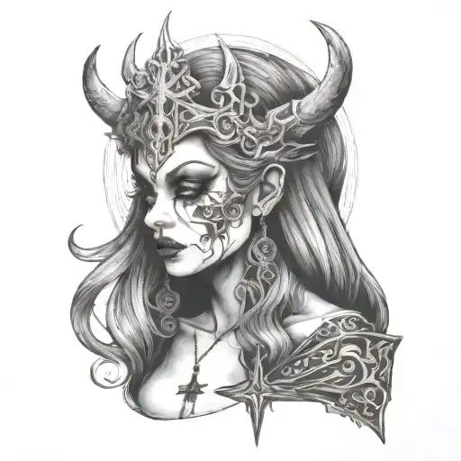 demon goth girl on a upside down cross tattoo design idea