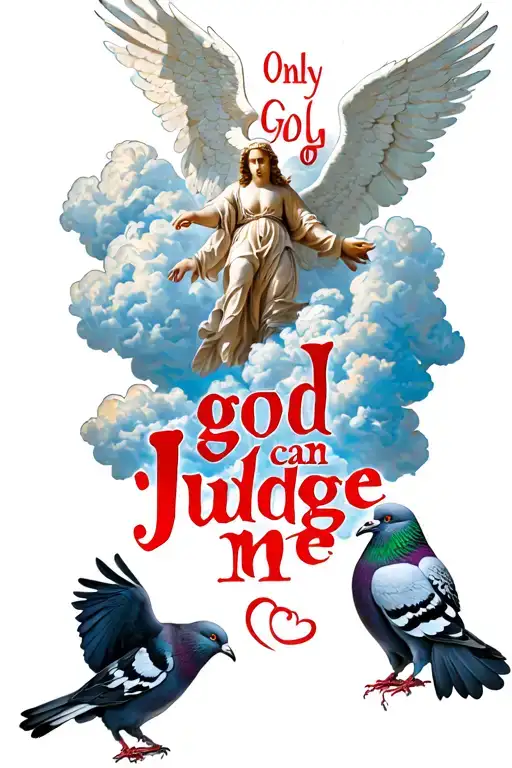 angels surrounded by clouds with text "only god can judge me" and pigeons combined with red text tattoo design idea