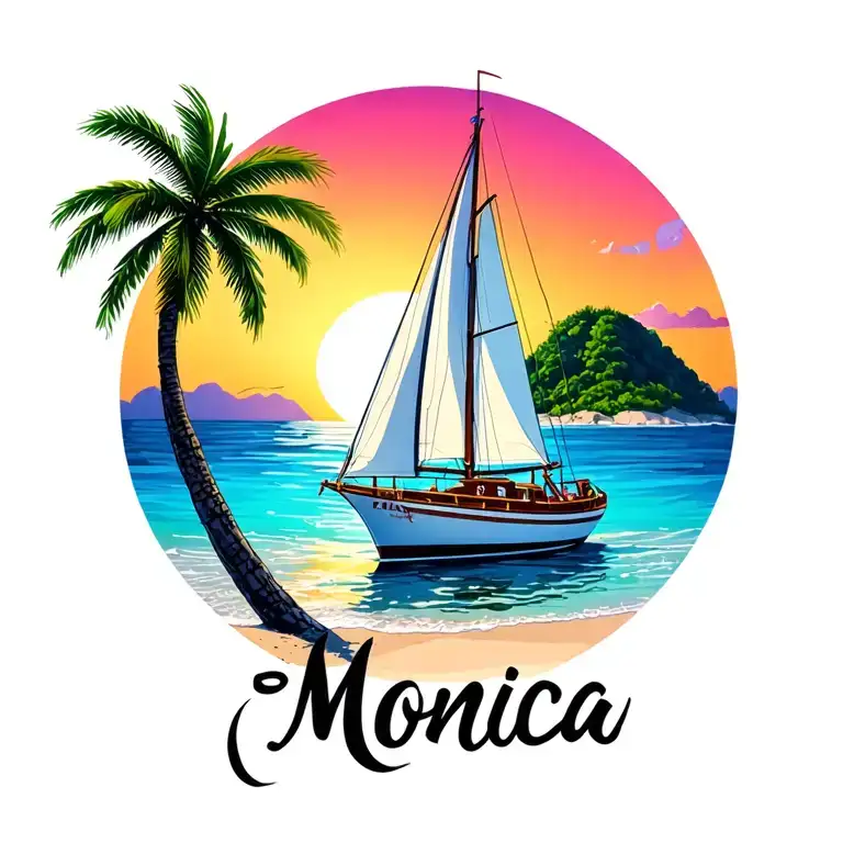 "Monica" "Monica"  "Monica" white sailboat front, sailing towards sunrise, background small island palm, ocean, beach vibrant color tattoo design idea