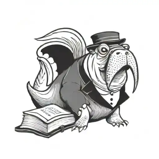 happy walrus reading a book while wearing a top hat tattoo design idea