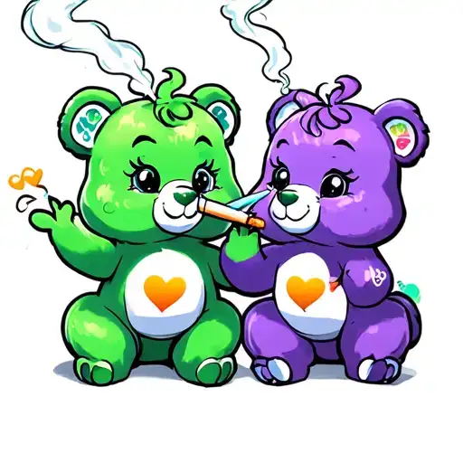 green carebear and purple carebears girly colorful smoking a joint tattoo design idea