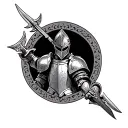 Create me a tattoo template in Dotwork style with the following motif: a knight in his armor with a high -folded VIS tattoo design idea