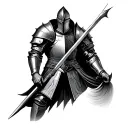 Create me a tattoo template in Dotwork style with the following motif: a knight in his armor with a high -folded VIS tattoo design idea