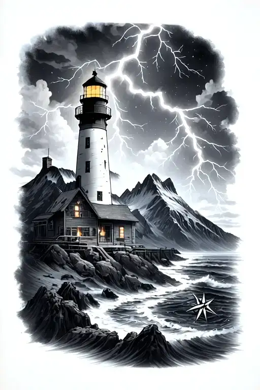 Lightning , Lighthouse , Mountains , Time and Compass tattoo design idea