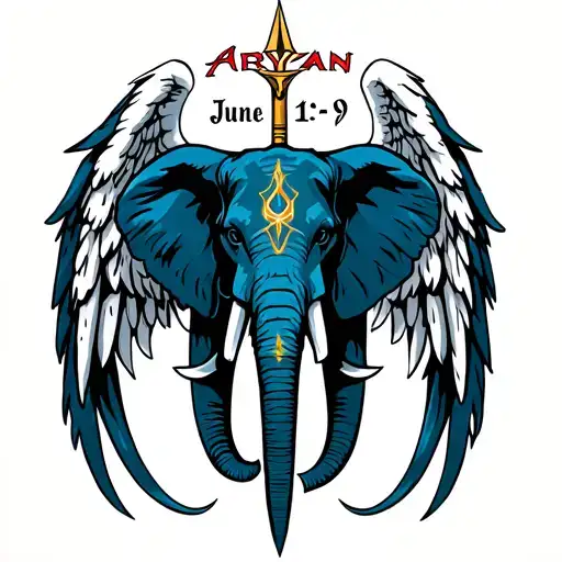 Trident + Elephant + Angel Wings + Name: Aryan, + Date: June 1-9 tattoo design idea