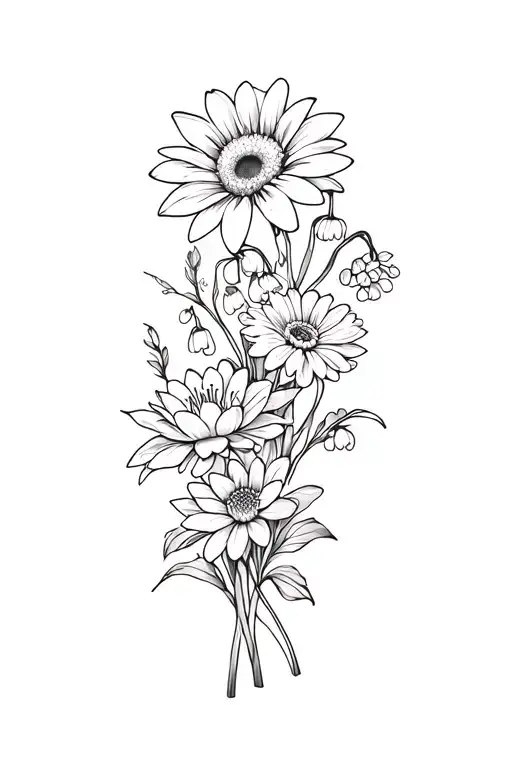 a bouquet with one Daisy, one Lily of the valley, one water lily, one poppy and two chrysanthemums on a upper arm  tattoo design idea