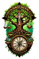 "Jaidyn Jamai Jackson Clark" gothic tree of life intertwined with cross,libra scales, a clock and names tattoo design idea