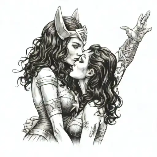 wonder woman and cat woman kissing each other passionately  tattoo design idea