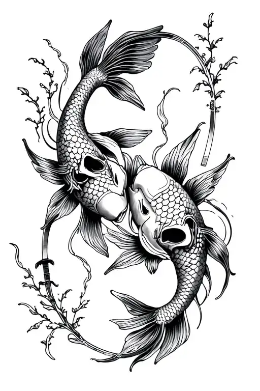 Two koi carp, but with skeletal heads. With some Japanese elements and some seaweed. Also with katanas. tattoo design idea