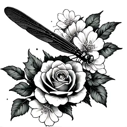 dragonfly perched with big roses and cherry blossoms  tattoo design idea