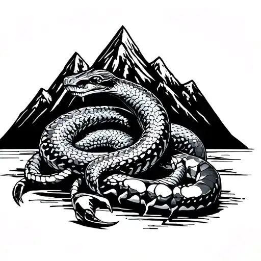 a snake and a scorpion with mountain in background tattoo design idea