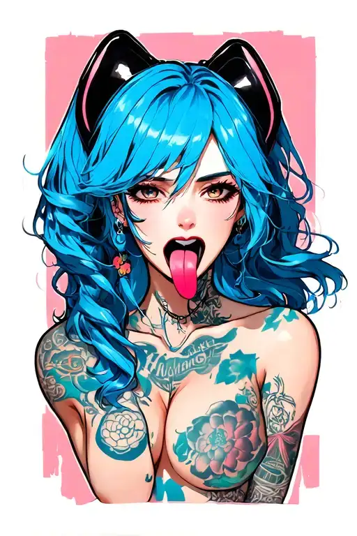 Clean, hentail, nude, bdsm, stick out tongue, nymphomaniac face, young, sexy suggestive position, small boobs, blue hair tattoo design idea