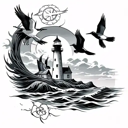A lighthouse, seagulls and a wind rose intertwined tattoo design idea