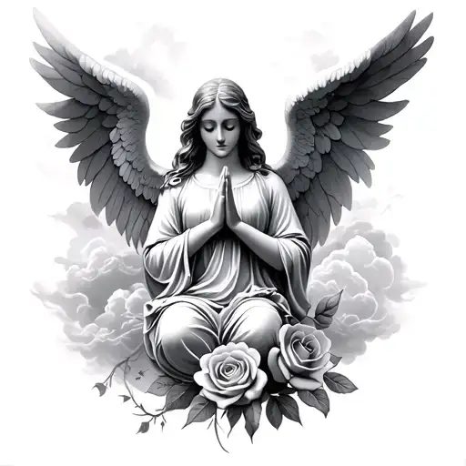 angel praying with clouds and roses tattoo design idea