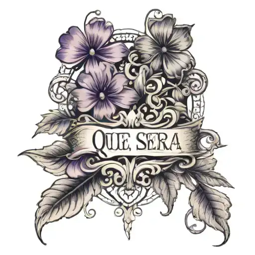 the words "Que sera sera" with purple 4 leaf clover flowers and vines, with lace tattoo design idea