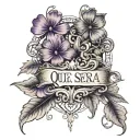 the words "Que sera sera" with purple 4 leaf clover flowers and vines, with lace tattoo design idea