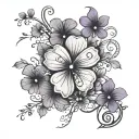 the words "Que sera sera" with purple 4 leaf clover flowers and vines, with lace tattoo design idea