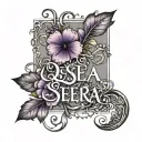 the words "Que sera sera" with purple 4 leaf clover flowers and vines, with lace tattoo design idea