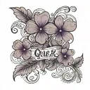 the words "Que sera sera" with purple 4 leaf clover flowers and vines, with lace tattoo design idea