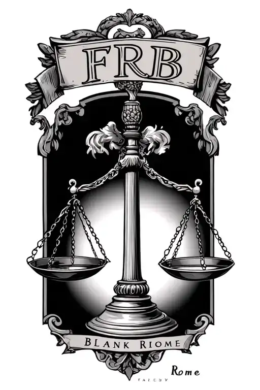 initials FRB on top of scales of justice and the words Blank Rome tattoo design idea