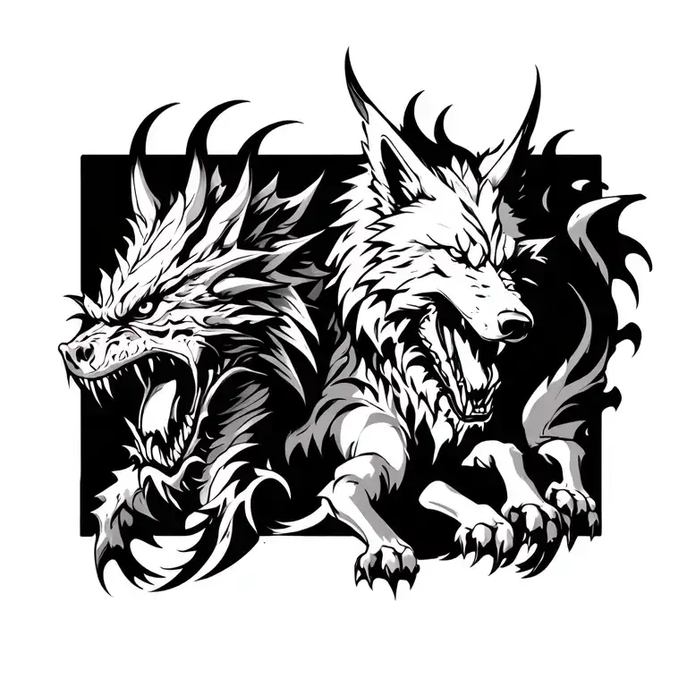 krakon down left arm and chest and dragon downn right arm and chest with wolf on uper stomach lower chestchest tattoo design idea