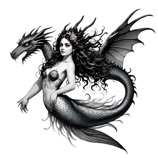 gypsy woman, mermaid, dragon flying tattoo design idea