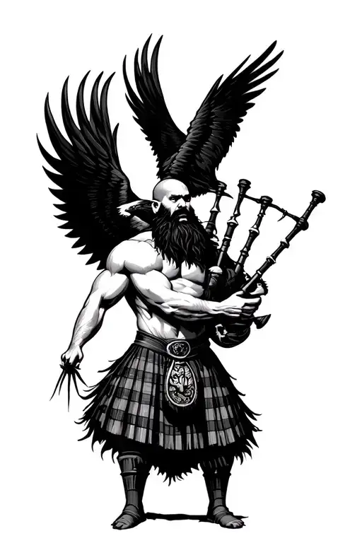 muscular bagpiper bald black beard black huge wings on  back playing the bagpipes flying crow with claws hairy chest tattoo design idea