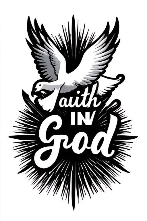 Faith in God script, writing dove and sun rays tattoo design idea