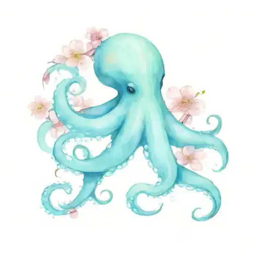 blue octopus wrapped loosely around a cherry blossom  tattoo design idea