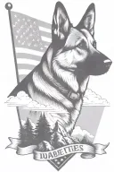 A portrait german shepherd on a mountain peak American flag waving saying "diabetes" tattoo design idea