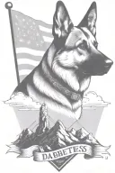 A portrait german shepherd on a mountain peak American flag waving saying "diabetes" tattoo design idea