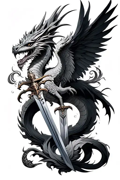 half sleeve tattoo with a dragon, a sword, a quil, and a phoenix tattoo design idea