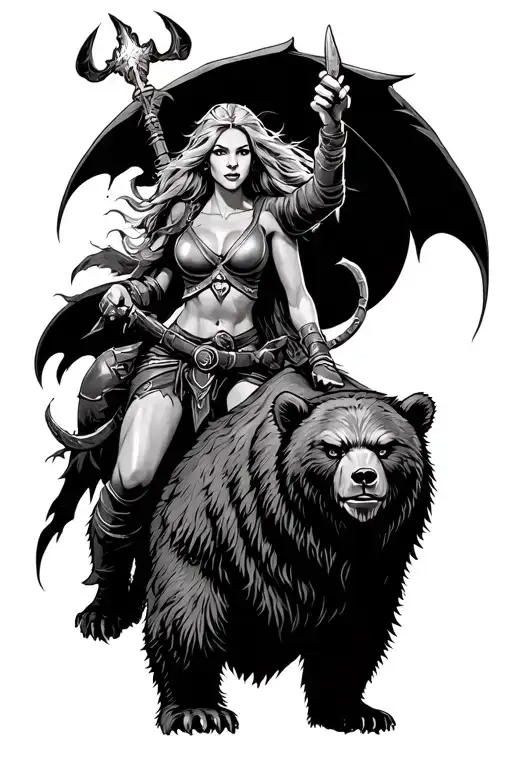 dungeons and dragons theme with 4 characters. a female druid riding a bear, a sorcerer, a female rogue and a goblin tattoo design idea