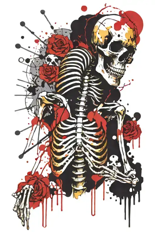 Depressed skeleton with a broken golden heart in its chest tattoo design idea