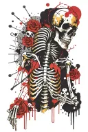 Depressed skeleton with a broken golden heart in its chest tattoo design idea