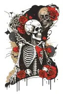 Depressed skeleton with a broken golden heart in its chest tattoo design idea