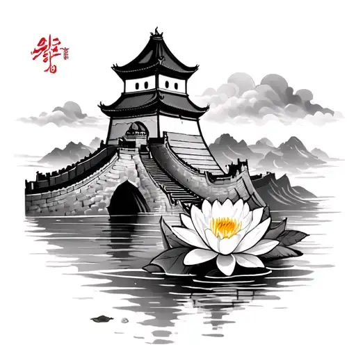 China Great wall with portuguese Belem tower and Macanese water lily  tattoo design idea