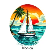 "Monica" white sailboat foreground, sailing towards sunset, background island palm, ocean, beach tattoo design idea
