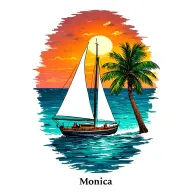 "Monica" white sailboat foreground, sailing towards sunset, background island palm, ocean, beach tattoo design idea