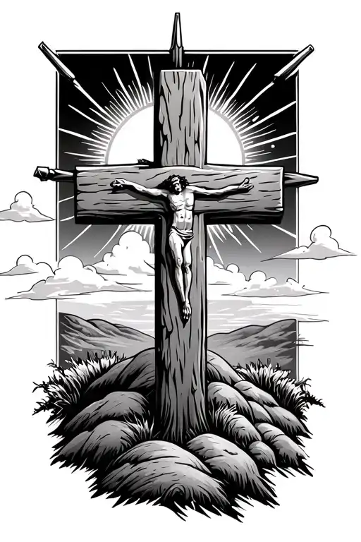 wooden cross on hills with three nails at the foot, sun and clouds in the background tattoo design idea