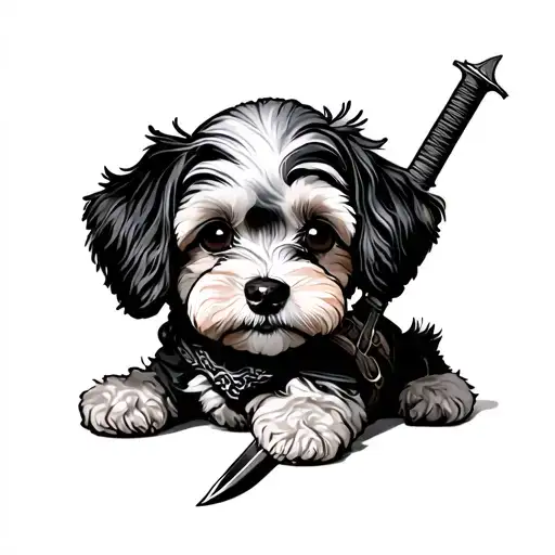 toy poodle that has only His right eye. and a scar above his left eye. he has a knife in his mouth & a sword on his back tattoo design idea