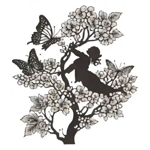 Two silhouettes reaching out to touch a cherry blossom and rose tree, with butterflies flying around them, representing connection and growth tattoo design idea