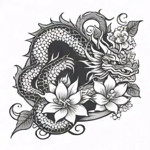 traditional  feminine Japanese dragon tattoo with traditional Japanese finger waves and lotus flowers and cherry blossom tattoo design idea