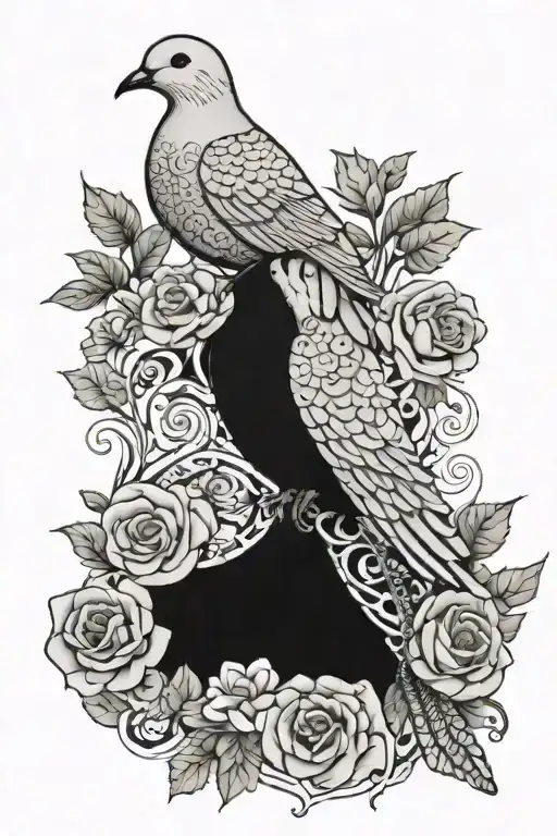 zentangle seated dove, roses, and simple flourish designs tattoo design idea