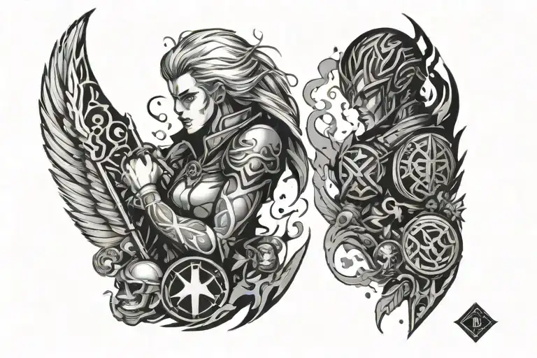 nordic design sleeve with anime symbols  from berserk  and jobless reincarnation and attack on Titan  tattoo design idea